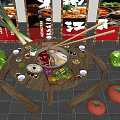 Traditional Hot Pot Meal On Round Wooden Table With Wooden Benches Fresh Vegetables And String Lights