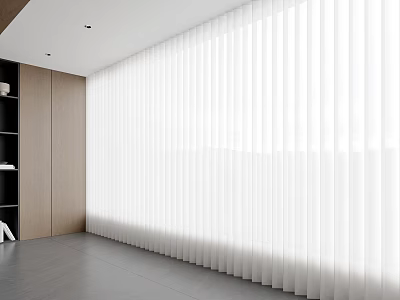 White Vertical Curtains In Bright Modern Room With Wooden Cabinets And Shelves 3d model