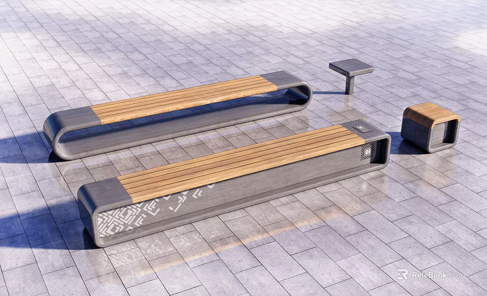 Modern Landscape Seats With Wooden Panels Metal Frames And Decorative Patterns On Stone Paved Floor 3d model 