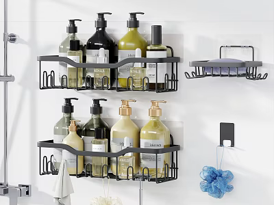 Modern Black Wall Mounted Bathroom Shelf Organizer with Toiletries and Soap Storage 3d model