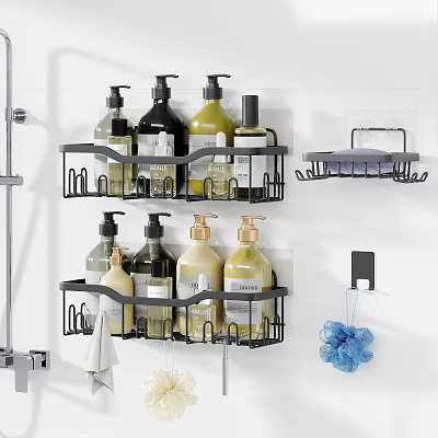 Modern Black Wall Mounted Bathroom Shelf Organizer with Toiletries and Soap Storage 3d model
