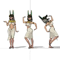 Women In Egyptian Style Costumes With Horned Headdresses Dancing By Ancient Mural