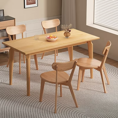 Modern Wooden Dining Table Set With Four Chairs And Fruit Bowl On Carpet 3d model