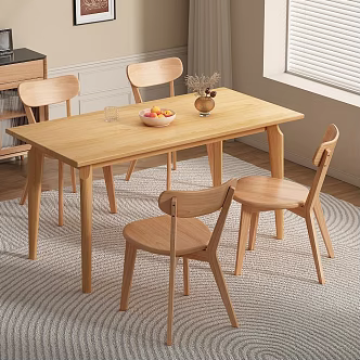 Solid Wood Dining Table Dining Chair Sideboard Fruit Vase Cup Carpet Curtain 3d model