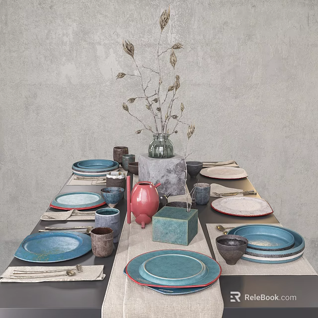 Dining Table Natural Tones Tableware Set With Blue Red Brown Plates Cups And Dried Branches 3d model