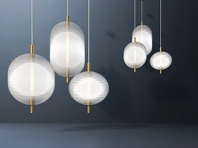 Modern Multiple Pendant Lights with Golden Frames and Textured White Shades in Contemporary Interior 3d model