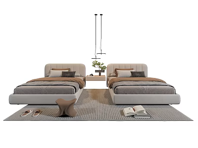 Modern Double Bed With Upholstered Headboard Neutral Pillows Rug And Pendant Light Interior 3d model