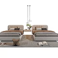 Modern Double Bed With Upholstered Headboard Neutral Pillows Rug And Pendant Light Interior