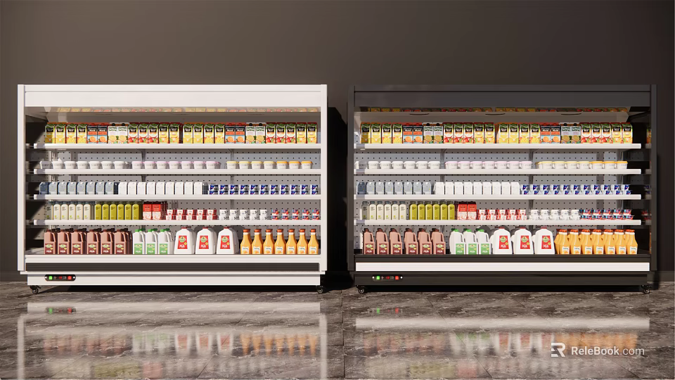 Black And White Commercial Refrigerator Display Cabinets With Glass Doors Holding Various Bottled Beverages 3d model 