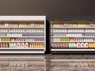 Black And White Commercial Refrigerator Display Cabinets With Glass Doors Holding Various Bottled Beverages 3d model