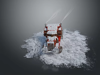 Red Snow Plow Moving Through Snowy Ground Emitting Steam 3d model