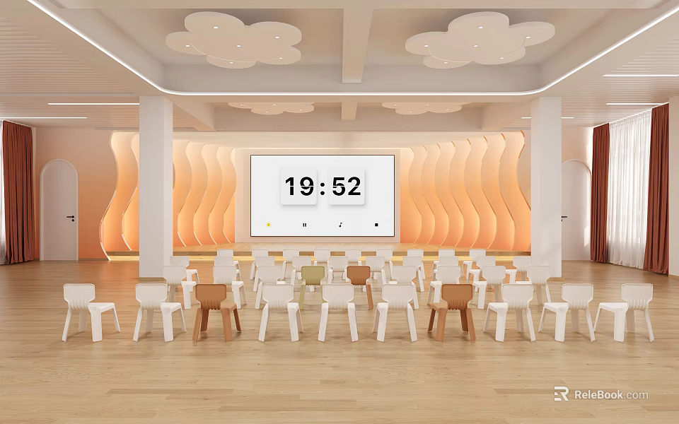 Cheerful Kindergarten Interior With Wavy Walls Cloud Ceiling Neatly Arranged Small Chairs And Large Screen 3d model 