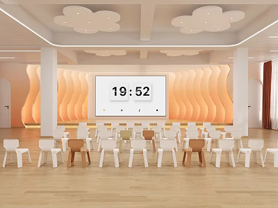Cheerful Kindergarten Interior With Wavy Walls Cloud Ceiling Neatly Arranged Small Chairs And Large Screen 3d model