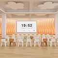 Cheerful Kindergarten Interior With Wavy Walls Cloud Ceiling Neatly Arranged Small Chairs And Large Screen