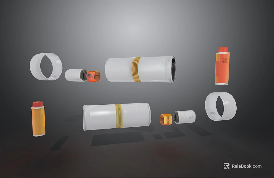 Industrial Mechanical Components Including White Tubes Orange Caps And Rubber Rings 3d model 