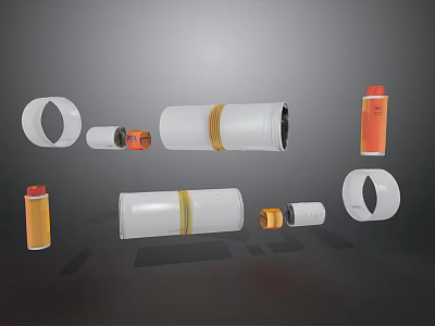 Industrial Mechanical Components Including White Tubes Orange Caps And Rubber Rings 3d model