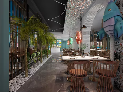 Modern Open Restaurant Interior With Fish Shaped Decorations Green Plants And Wooden Tables 3d model