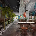 Modern Open Restaurant Interior With Fish Shaped Decorations Green Plants And Wooden Tables