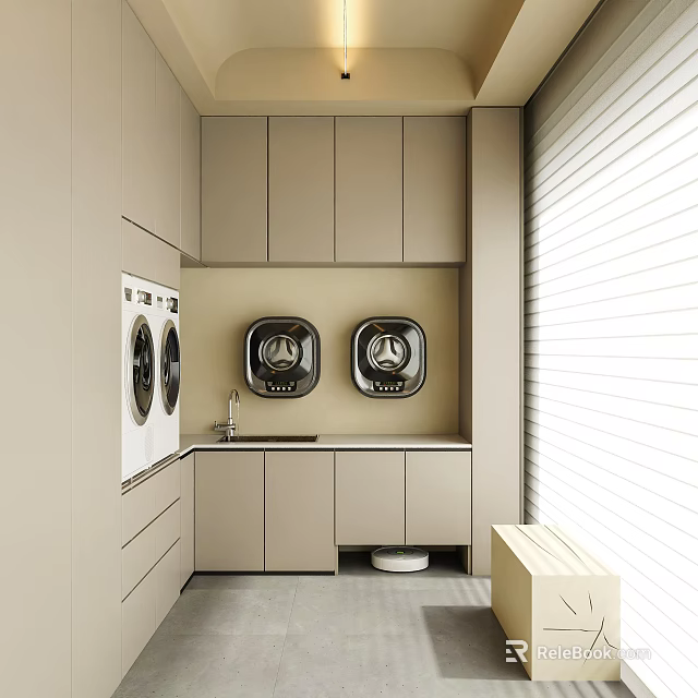 Modern Laundry Room With Built In Double Washer And Cabinet Design Setup 3d model 