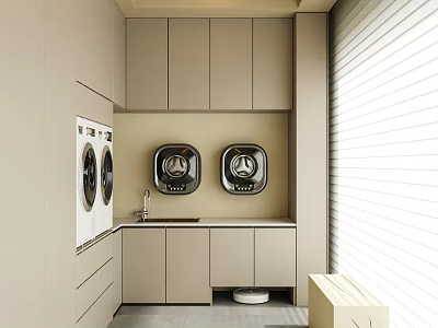 Modern Laundry Room With Built In Double Washer And Cabinet Design Setup 3d model