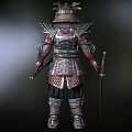 Red Faced Demon Character In Ornate Samurai Armor With Horned Helmet And Metallic Details