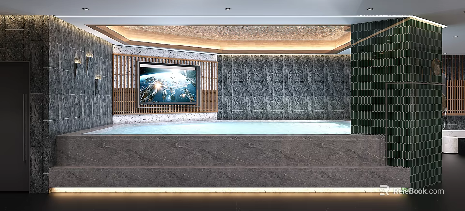 Modern SPA Sauna Interior Design With Stone Walls Ambient Lighting And TV Screen 3d model 