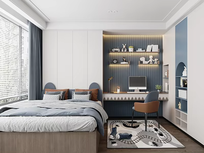Blue Gray Tatami Bedroom Interior With Desk Chair Window Blinds And Bookshelf Decorations 3d model