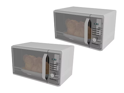Two modern kitchen microwaves with glass doors digital control panels and food inside 3d model