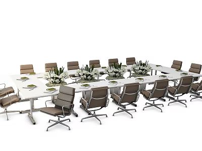 Elegant Conference Table Setup With Multiple Chairs Floral Centerpieces And Plates 3d model