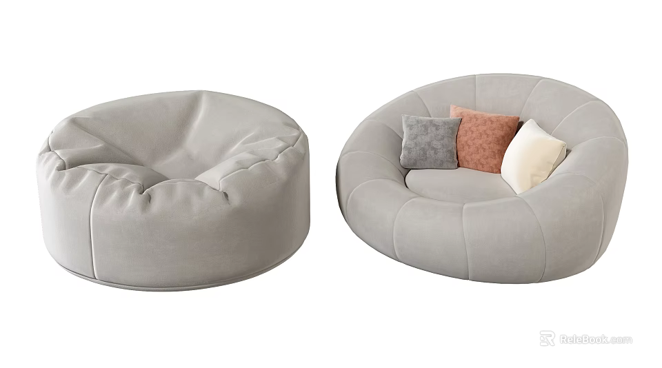 Gray Bean Bag Chairs With Colorful Pillows For Cozy Living Room Seating 3d model 
