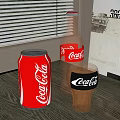 Refreshing Coca-Cola Beverage with Can Bottle and Glass Filled with Ice Cubes on Table