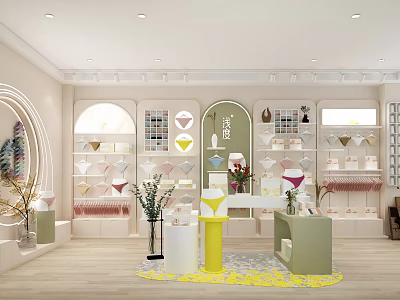 Modern Decor Store Interior With Arched Display Shelves Green Plants And Yellow Rug 3d model