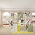 Modern Decor Store Interior With Arched Display Shelves Green Plants And Yellow Rug