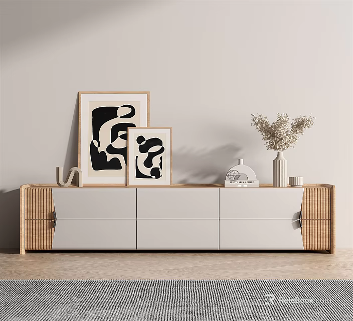 Modern TV Stand With White And Wooden Drawer Design Featuring Framed Artworks Vase And Decorative Items 3d model 