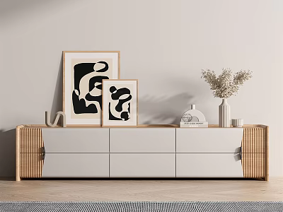 Modern TV Stand With White And Wooden Drawer Design Featuring Framed Artworks Vase And Decorative Items 3d model