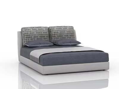Modern Minimalist Double Bed Featuring Checkerboard Pattern Cushions And Gray Bedding 3d model