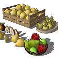 Assorted Fresh Pears In Wooden Crate And On Plate With Whole And Sliced Varieties