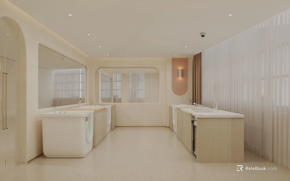 Elegant Modern Specialty Store Interior With White Counters Display Shelves And Soft Lighting 3d model 
