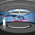 Tech Exhibition Hall Featuring Modern Design Curved Screens And Robotic Arm Display With Female Visitor