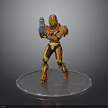 Action Figure In Orange Black Armor Holding Weapon On Silver Circular Base