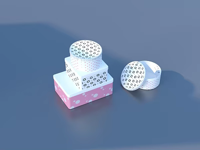 Stacked Round Decorative Boxes With Polka Dots Flower Patterns Pink White Colors And Open Lid 3d model