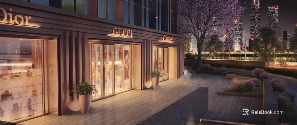 Luxury Commercial Complex with Gucci Coach Stores Modern Architecture Glass Facade and Landscaped Outdoor Area 3d model 