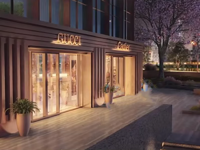 Luxury Commercial Complex with Gucci Coach Stores Modern Architecture Glass Facade and Landscaped Outdoor Area 3d model