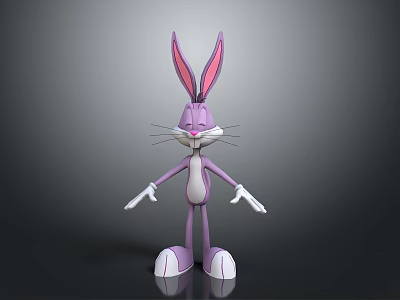 Cartoon Rabbit Character 3D Model With Purple Fur Long Ears And Stretched Arms 3d model