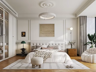 Elegant Bedroom Interior With White Walls Decorative Ceiling Upholstered Headboard Striped Rug And Green Plants 3d model