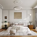 Elegant Bedroom Interior With White Walls Decorative Ceiling Upholstered Headboard Striped Rug And Green Plants