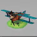 Vintage Biplane Airplane with Red Propeller Orange Body Blue Wings on Green Grass