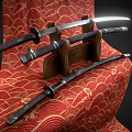 Traditional Japanese Swords Displayed On Wooden Stand With Red Gold Patterned Background