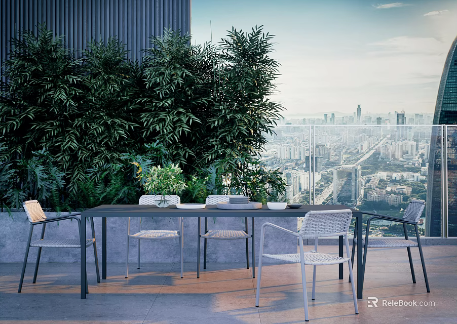 Modern Outdoor Table With Rattan Chairs And Leafy Plants Overlooking City Skyline 3d model 