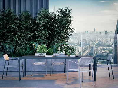 Modern Outdoor Table With Rattan Chairs And Leafy Plants Overlooking City Skyline 3d model